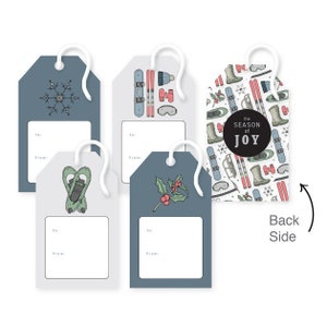 12 Holiday Gift Tags, mixed pack, winter adventure sports, season of joy, gift tag, gifting, snowflake, ski, snowshoes, gift wrapping