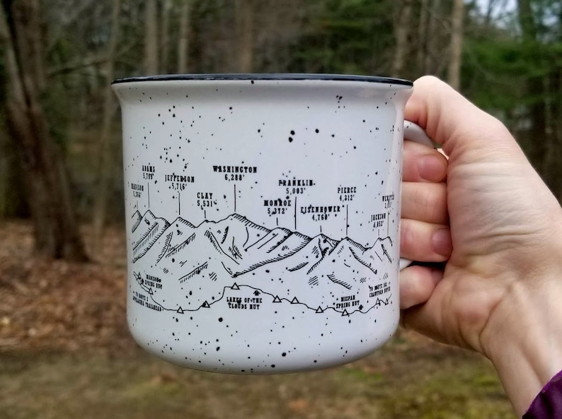 Puede incluir: Taza de camping de esmalte blanco con motas negras y borde negro. La taza presenta un dibujo lineal negro de una cordillera con nombres de picos y elevaciones en metros. La taza est&aacute; sostenida por una persona.