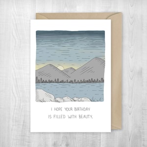 Paisagem de aniversário, cartão de felicitações, feliz aniversário, cartão de caminhada, parceiro, aventura, aniversário na montanha, memórias, lago, lagoa, pesca, pôr do sol