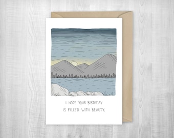 Birthday Landscape, greeting card, happy birthday, hiking card, partner, adventure, mountain birthday, memories, lake, pond, fishing, sunset