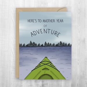 Cartão de saudação do ano de aventura de caiaque, aniversário, memórias, aventura, cartão de aventura de acampamento, lago, exploração, cartão de paisagem de montanha, lagoa