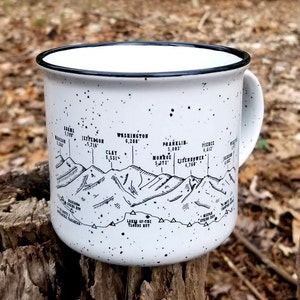 Puede incluir: Taza de camping de esmalte blanco con borde y asa negros. La taza presenta un gr&aacute;fico en blanco y negro de una cordillera con picos etiquetados con nombres y elevaciones. La taza tiene un patr&oacute;n moteado.