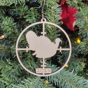 Engraved Turkey in Crosshairs Wooden Christmas 2024 Tree Ornament