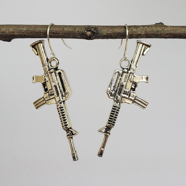 AR Style Nickel Free Dangle Earrings | French Earwire gun | Rifle bullet jewelry | Silver toned | gun lover ear ring | Pro 2A accessories