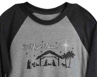 Unisex 3/4 sleeve raglan, O Night Divine Christian Nativity Top, Religious Christmas shirt, Winter, Ladies' long sleeve top, Baseball shirt