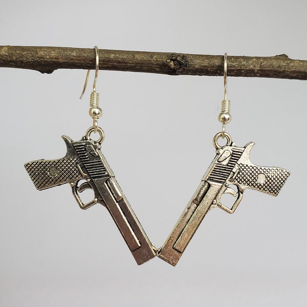 1911 Style Handgun Nickel Free Dangle Earrings, French Earwire gun, bullet jewelry, Silver toned, gun lover ear ring, Pro 2A accessories