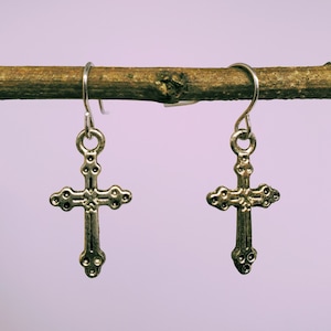 Dainty Cross Nickel Free Dangle Earrings, Earwire small jewelry, Silver toned, Christian ear ring, crosses, jesus, crucifix, religious
