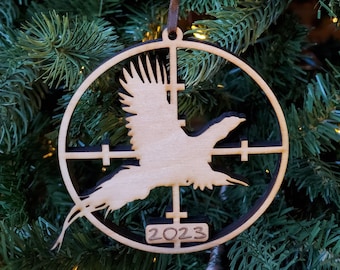 Engraved Pheasant in Crosshairs Wooden Christmas 2023 Tree Ornament