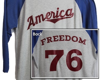 Camiseta unisex de manga 3/4 de béisbol estadounidense / Camiseta Freedom 76 / Camisa raglán de manga larga roja, blanca y azul patriótica del 4 de julio