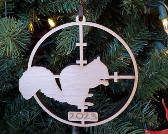 Engraved Squirrel in Crosshairs Wooden Christmas 2023 Tree Ornament