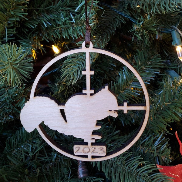 Engraved Squirrel in Crosshairs Wooden Christmas 2023 Tree Ornament