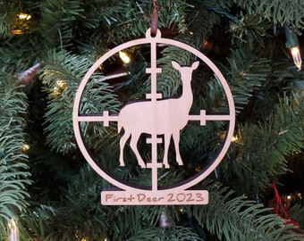 Engraved Wooden Christmas 2023 Tree Ornament First Deer 2022 Doe button buck in Crosshairs, Outdoor lover's gift for Dad, hunting home decor