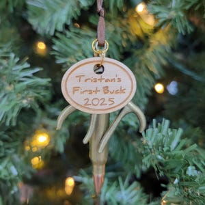 Custom Name First Buck 2025 Bullet and Antler Deer Hunting Christmas Tree Ornament