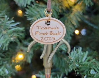 Custom Name First Buck 2025 Bullet and Antler Deer Hunting Christmas Tree Ornament
