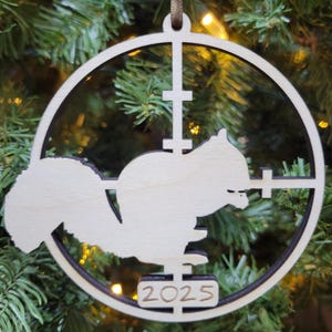Engraved Squirrel in Crosshairs Wooden Christmas 2025 Tree Ornament