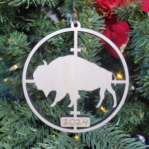 Engraved Buffalo in Crosshairs Wooden Christmas 2024 Tree Ornament American Bison
