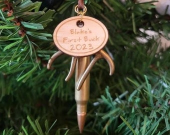 Custom Name First Buck 2023 or 2024 Bullet and Antler Deer Hunting Christmas Tree Ornament