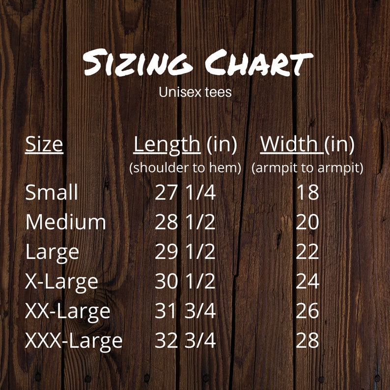 Puede incluir: Tabla de tallas unisex para camisetas, que muestra las medidas de longitud y ancho en pulgadas. Las tallas incluyen Small, Medium, Large, X-Large, XX-Large y XXX-Large.