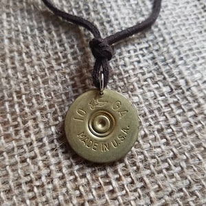 Shotgun Shell necklace / bullet slice and leather cord necklace / shotgun headstamp jewelry / 10 Ga, 12 Ga / Brown, red brown or aqua cord