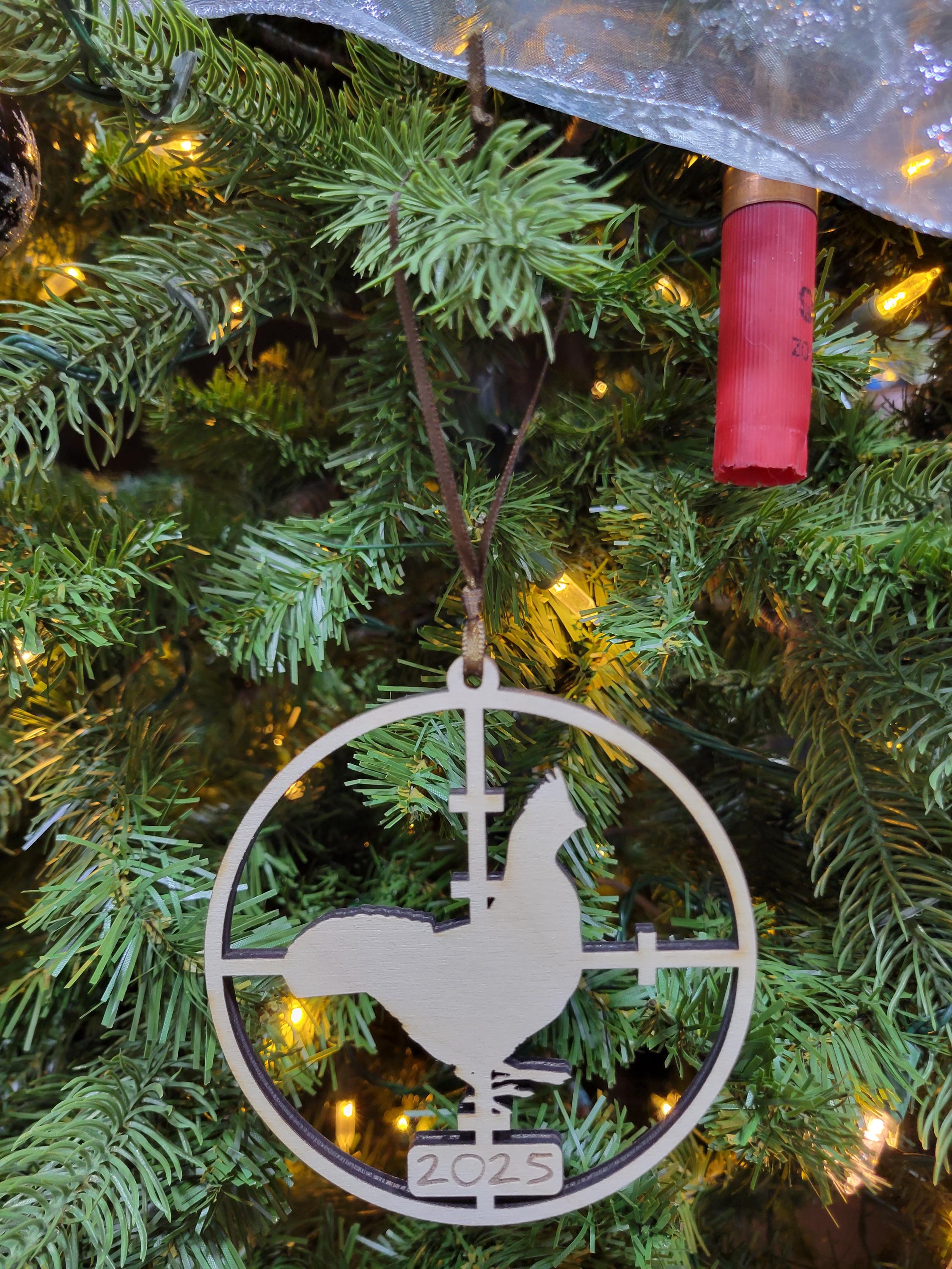 Engraved Ruffed Grouse Drummer in Crosshairs Wooden Christmas 2025 Tree Ornament