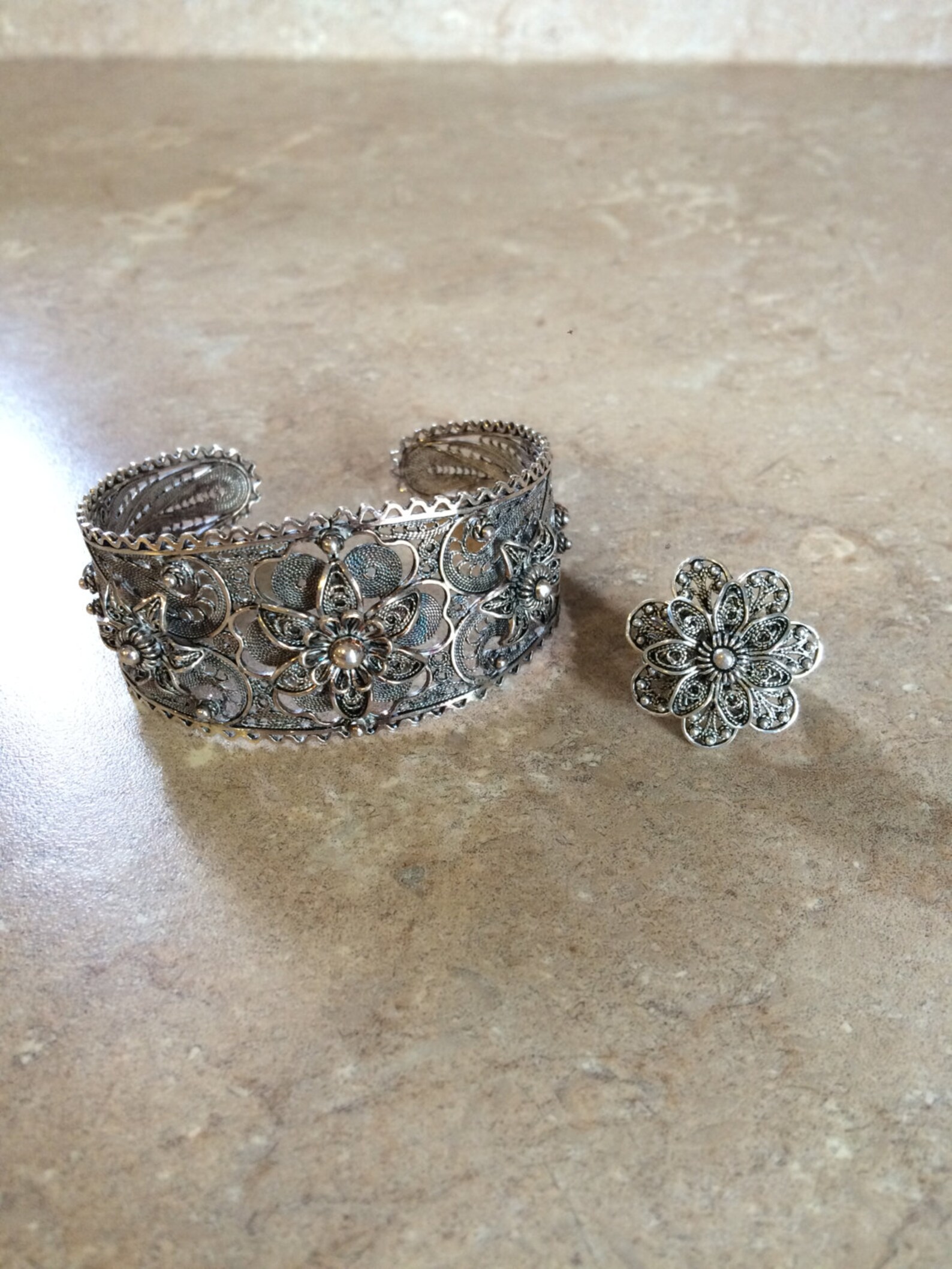 Vintage DGS Turkey sterling flower bracelet and ring set ...