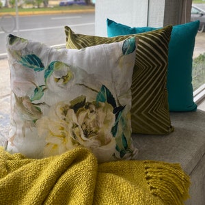 Floral Pillow Cover - White, Yellow, Green, Teal & Beige