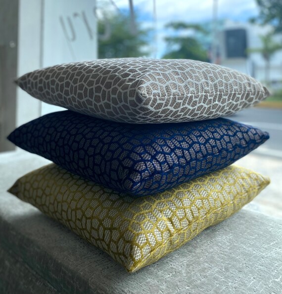 Lustrous Velvet Geometric Pillow Cover Navy Blue Gold White Etsy