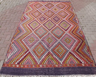 Vintage Pink Kilim Rug - 6x10 Boho rugs - Large Turkish kilim - Handwoven anatolian carpet