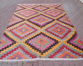 Yellow Red Kilim Rug Etsy