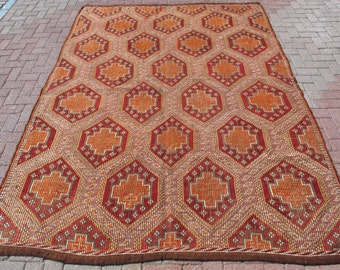 7x10 Vintage Turkish Kilim Rug: Handwoven Wool Bohemian Carpet