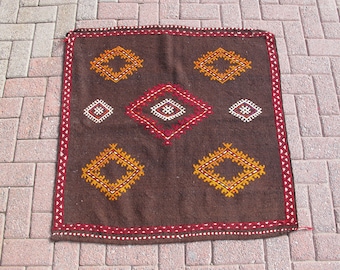 Handwoven Turkish Kilim Rug: Small Square Rug, Brown Geometric Decor (3.1 x 3.2 ft)