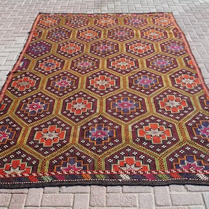 Large Wool Goat Hair Kilim Rug, Handwoven Anatolian Kilim, 6.36 x 9.67 ft, Carpet Area Rug for Living Room, Boho Kelim