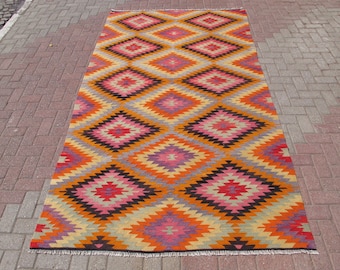 Geometric Vintage Kilim Rug, Handmade Large Kilim Area Rug, Home Decor, 5&#39;4&quot; x 9&#39;8&quot; ft, Decorative Floor Carpet