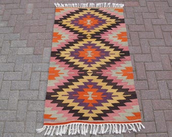 Vintage Turkish Kilim Rug 3x5: Handwoven Wool Boho Decor