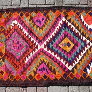May include: A colorful rug with a geometric pattern in shades of red, orange, pink, purple, green, and white. The rug has a brown border and fringe.