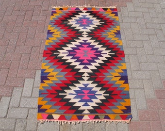 Vintage Turkish Kilim Rug: Geometric Wool Carpet, 3' x 4'82"