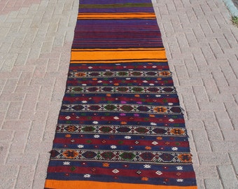 Vintage Turkish Kilim Runner Rug: Handwoven Wool Hallway Carpet (2.8 x 9.7 ft)