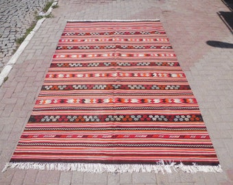 Vintage Red Striped Kilim Rug: Handwoven Bohemian Area Rug (6'10" x 9'84")