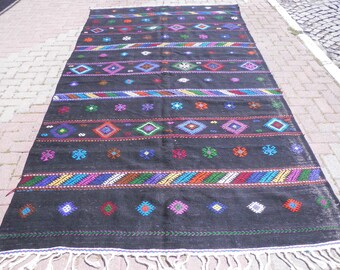 Vintage black area kilim rug, large size wool rug, scandinavian home decor, 6.1 x 10.76 ft, handwoven carpet for bedroom, floor carpets