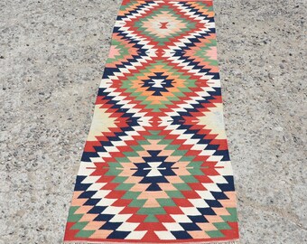 Vintage Wool Kilim Runner Rug: Geometric Bohemian Hallway Rug (2.3x7.7 ft)