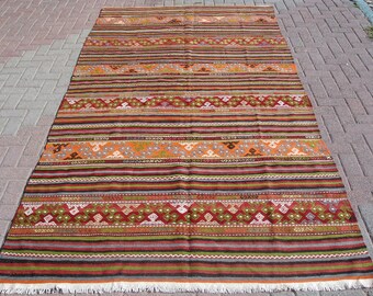 Multicolor Striped Kilim Rug: Large Vintage Turkish Area Rug (5.4 x 10.5 ft)