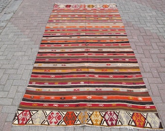 Vintage Turkish Kilim Rug: Colorful Striped Boho Carpet (5.2 x 10 ft)