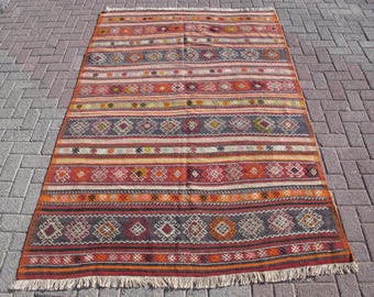 5x8 Vintage Wool Kilim Rug: Handmade Striped Tribal Carpet
