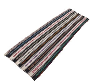 Vintage Turkish Kilim Runner Rug: Handwoven Wool Striped Hallway Rug (37.5” x 120.5”)