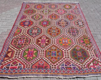 Pink Area Kilim Rug for Living Room, Vintage bohemian colorful kilim, 6.2 x 10 ft, oriental carpet, eclectic home decor