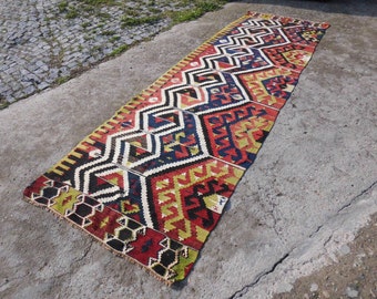 Vintage Blue Red Kilim Runner Rug, Handwoven Rustic Area Rug Runner, 3.57 x 11.48 ft, Wool Kilim, Farmhouse Decor Carpet Runner
