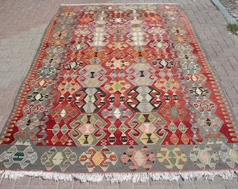 Large Red Turkish Kilim Rug: Handwoven Wool, Boho Tribal Decor (6.4 x 10.7 ft.)