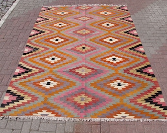 Vintage Turkish Kilim Rug: 7x10 Bohemian Geometric Wool Carpet