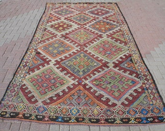 Vintage Kilim Rug: Large Rustic Wool Carpet, Bohemian Decor (5.9 x 12.1 ft)
