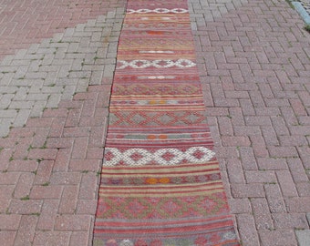 Handmade Wool Kilim Runner Rug: Tribal Stair Carpet (2.4 x 11.6 ft)